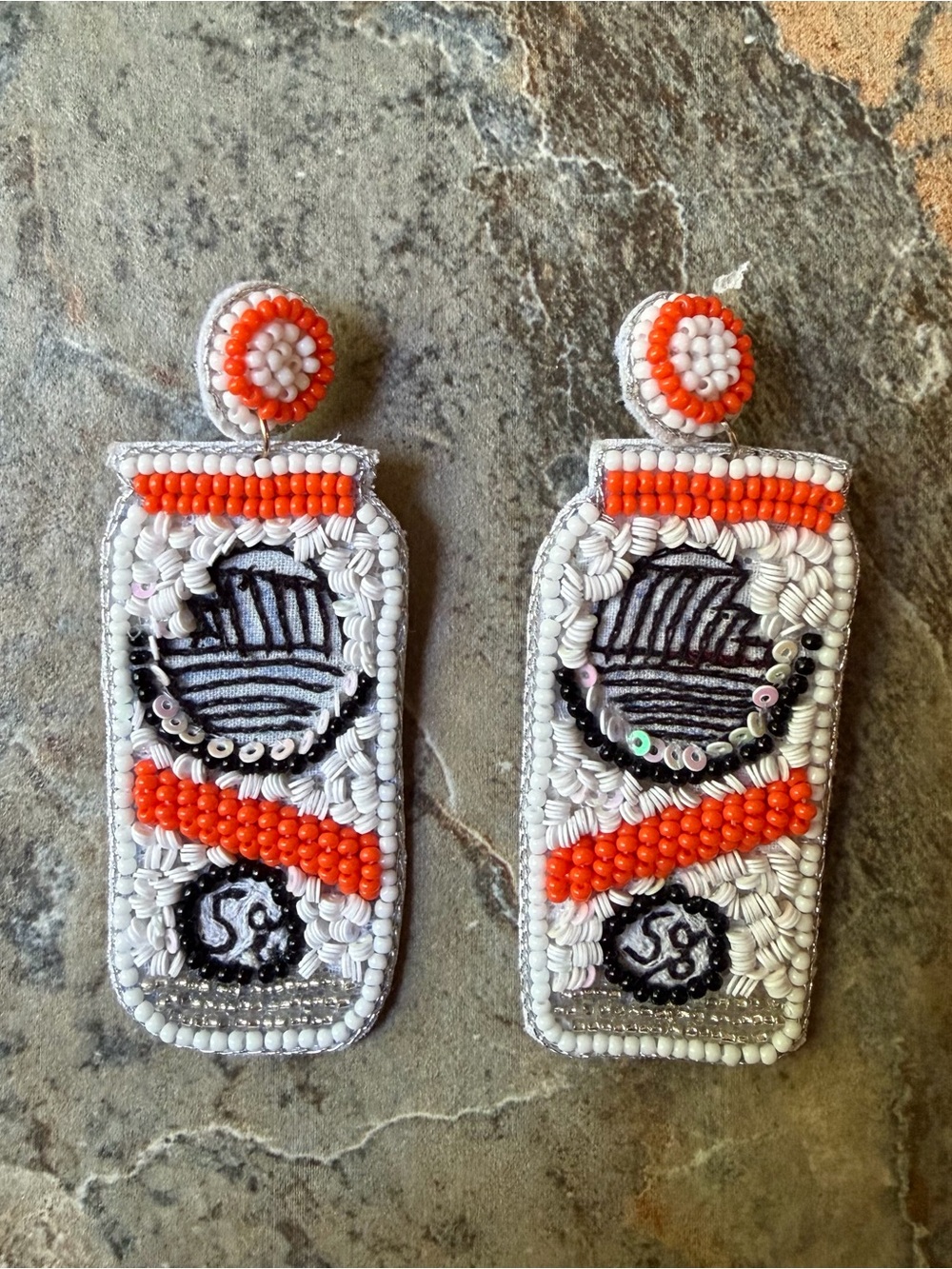 Beaded Seltzer Can Drop Statement Earrings Orange White Black Sequin Festival